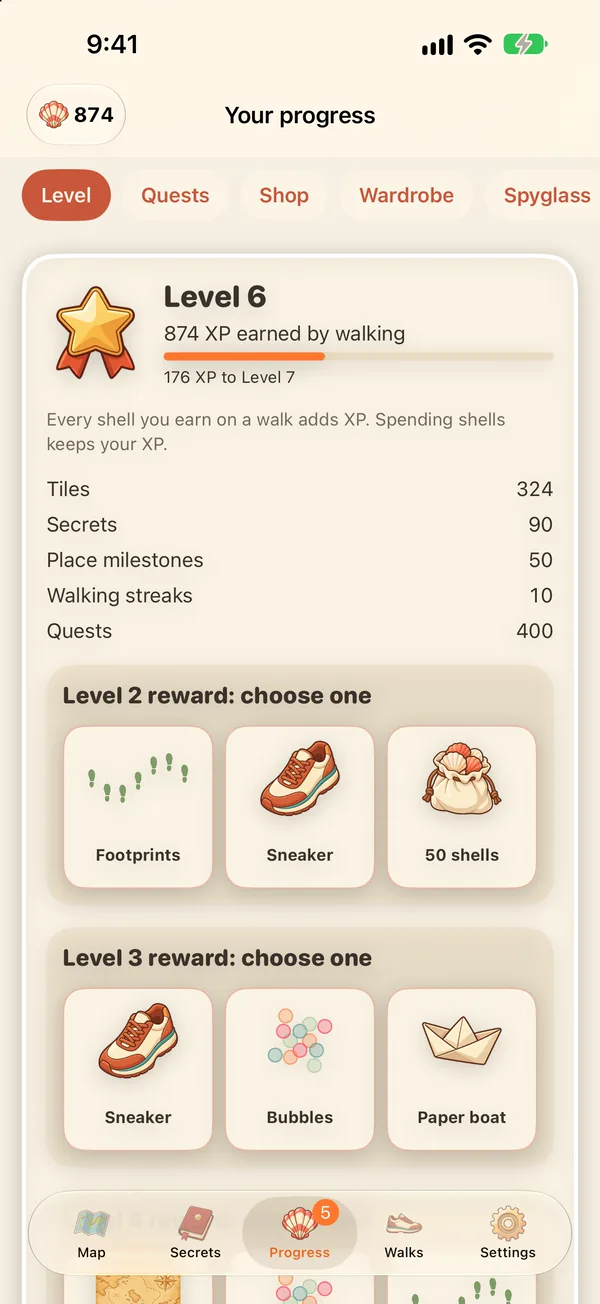 Level 6 with 874 XP, what earned it (tiles, secrets, place milestones, walking streaks and quests), and a reward to pick at each level, like footprints, a sneaker or a bag of 50 shells