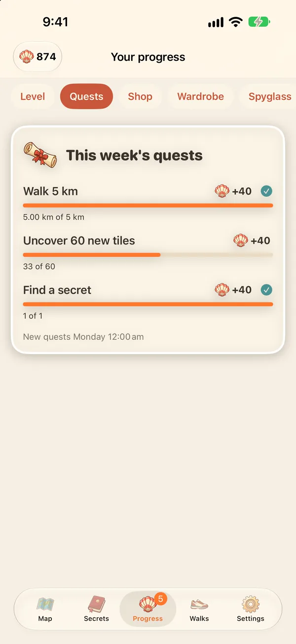 This week's quests: walk 5 km (done), uncover 60 new tiles (33 so far) and find a secret (done), worth 40 shells each