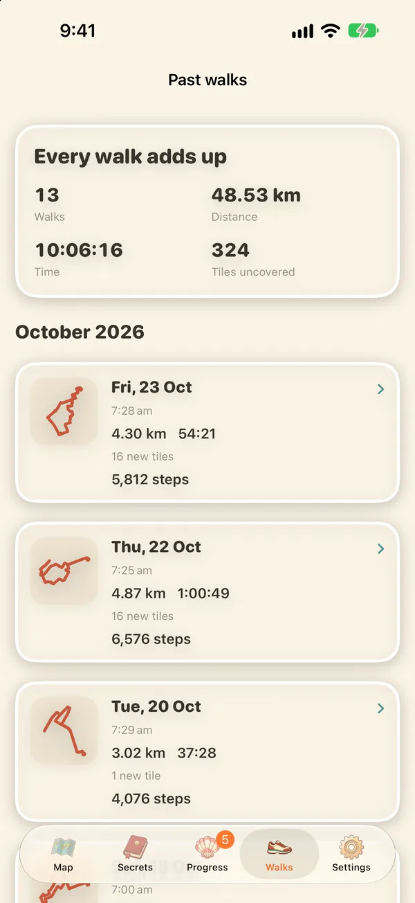 Past walks: 13 walks, 48.53 km and 324 tiles uncovered so far, then each walk with its route, distance, time, new tiles and steps